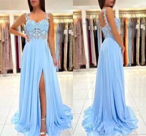 2023 Robes de bal bleues Illusion Top dentelle Applique bretelles spaghetti fente latérale en mousseline de soie volants sur mesure robe de soirée formelle Ocn porter des robes grande taille 401 401