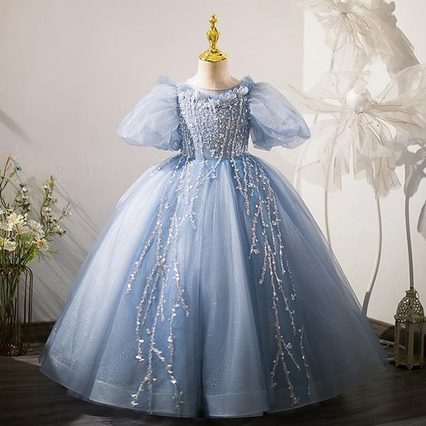 2023 Vestidos de niña de flores con cuello transparente azul Vestido de fiesta con lentejuelas de encaje de tul Vintage Niña Peageant Vestidos ZJ416