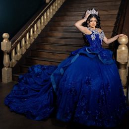 2024 Blauw Glanzende Baljurk Quinceanera Jurken Bloem Kralen Celebrity Partij Jassen Lovertjes Afstuderen Vestido De 15 Anos Robe De