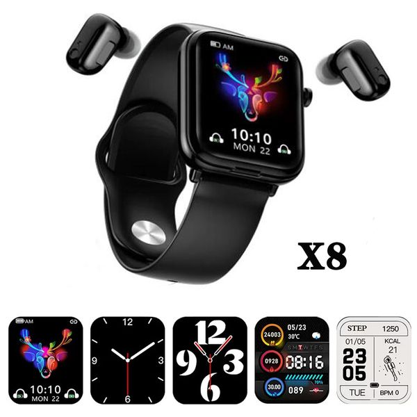 2023 Bluetooth Casque Bracelet X8 Smart Watch TWS Écouteurs Bluetooth sans fil Montres 2 en 1 Montre intelligente de sport de fréquence cardiaque avec boîte de vente au détail