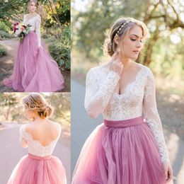 2023 Blush Pink Pays Bohème Robes De Mariée Sheer Dentelle À Manches Longues Dos Nu Couches Tulle Jupe D'été Jardin Plage De Mariée Gow2139