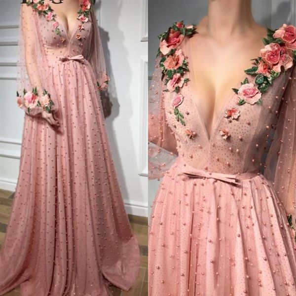2023 Blush Pink Pearls Prom vestido formal con mangas largas con cuello en V Flores 3D Apliques Glitter Tulle A-line vestidos de fiesta de noche Ar1890