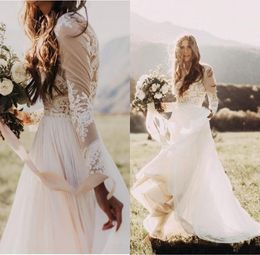 2023 Vestidos de novia de campo bohemio con mangas largas transparentes Bateau Neck A Line Apliques de encaje Gasa Boho Vestidos de novia baratos