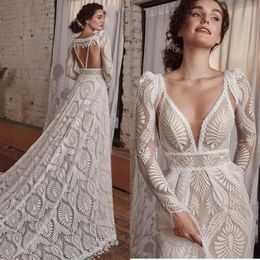 2023 robe de mariée en dentelle bohème avec manches longues détachables spaghetti dos nu longue plage robes de mariée taille empire a-ligne robes de mariée boho robe de novia