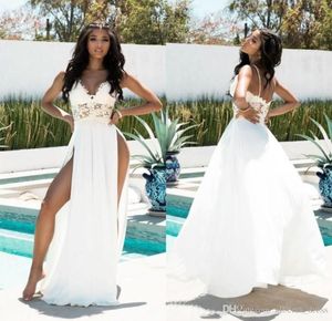 2023 Boho Plage Robes De Mariée Robe De Mariée Bretelles Spaghetti Sans Manches Haute Split Plus La Taille Dentelle Applique En Mousseline De Soie Longueur De Plancher Sur Mesure Robe De Novia