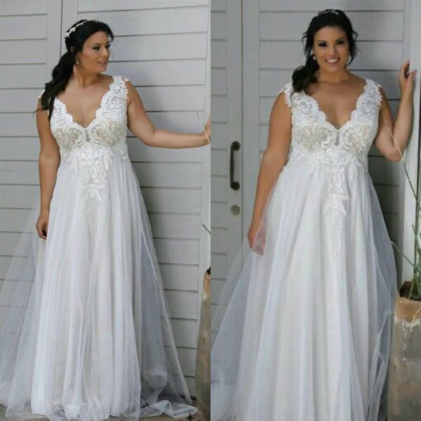 2023 Boho Plus La Taille Robes De Mariée Robe De Mariée En Dentelle Applique Tulle Festonné Col En V Étage Longueur Sur Mesure Plus La Taille Jardin Pays Vestidos de novia