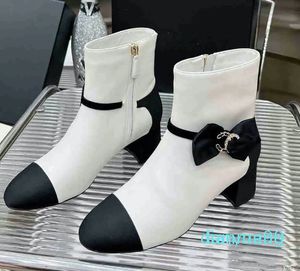 2023 bottes talon épais fermeture éclair chaussures décontractées en peau d'agneau coupe haute sneaker nœud