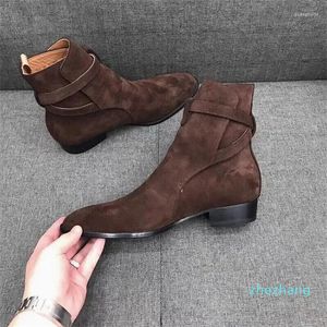 Bottes concises en cuir véritable pour homme, chaussures en daim de vache, avec boucle de ceinture, talon carré, pour barbier, pour l'extérieur, Vintage, hiver, 2023