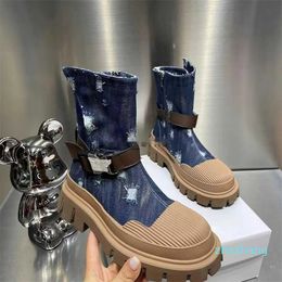 2023-laarzen koehide doek dikke bodem casual dames laarzen schoenen waterdicht platform herfst winter mode vrouw enkel laarzen
