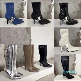 2023-Boots Designer-Damenmode Kniehoher Stiefel aus beschichtetem Stretchmaterial Spitzer, schmaler, kurzer Stiefel mit seitlichem Reißverschluss