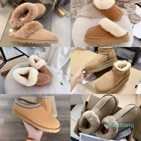 2023 bottes en daim femmes Tazz pantoufle châtaigne disquette fourrure de mouton botte de neige chaud hiver chaussons plate-forme diapositives cheville chaussures