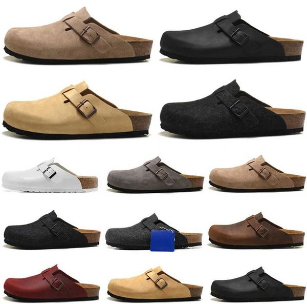 2023 Boston Clog Hombres Mujeres Diseñador Sandalias Zapatillas Cuero Cabeza Tirar Corcho Pisos Mulas Woody Mocasines Zapatilla deslizador Marrón Negro Diapositivas Deslizadores Movimiento actual 60ess