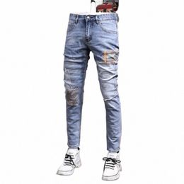 2023 Merk Kleding Biker Jeans Mannen Streetwear Lg Slanke Denim Broek Skinny Mid Taille Lichte Elastische Cott Broek Mannelijke x8M9 #