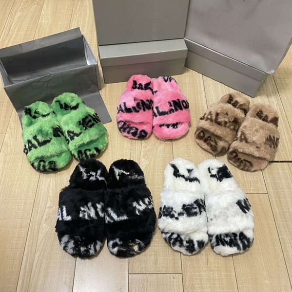 2023 Marque Femmes Fourrure Pantoufles Fluffy Fausse Fourrure Diapositives Lettres Complètes Imprimé Luxe Designer Intérieur Maison Chaussures Oreiller Doux Hiver Chaud Sandale