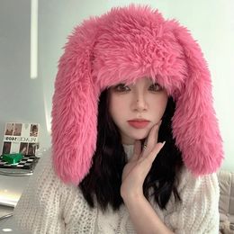 2023 Bunny Ears Beanies Korea Ins Cute Rose Red Red Plush Fuch Furry Cap Winter Winter Keeping grappige p oography dameshoeden 231222