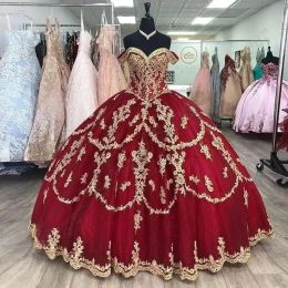 2023 Bordeaux Quinceanera Jurken met Gouden Pailletten Kant Appliqué Korset Terug Tule Off-the-schouderbandjes Op maat Zoet 15 16 Prinses Optocht Baljurk vestidos