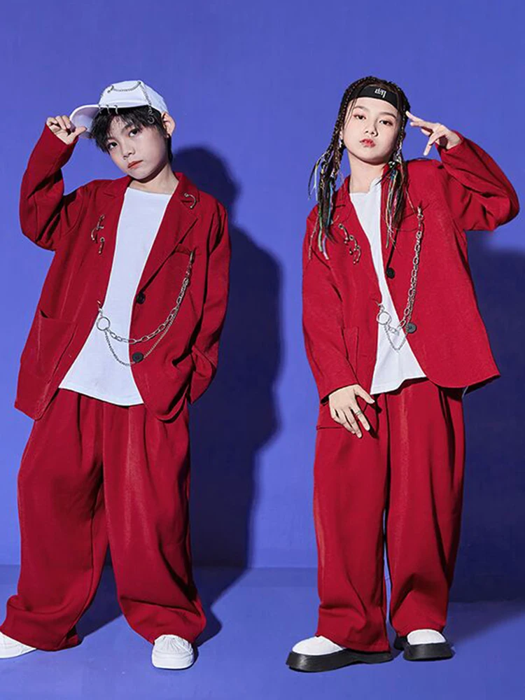 2023 Burgundy Suit for Kids Hip Hop Dance Costume Jazz Performance Clothes Girls Kpop Outfit Boys Street Dance Stage Wear Bl9926