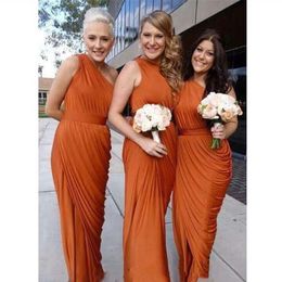 2023 robes de demoiselle d'honneur longues orange brûlé une épaule à volants drapées robes de demoiselle d'honneur robe de mariée formelle invité longueur de plancher fendue personnaliser