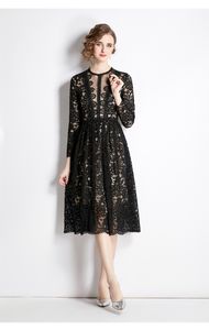 2023 robes décontractées en dentelle Robes noires pour femme O-cou vintage de soirée robe fêtard feme femme longue manche