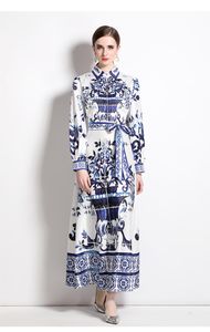 2023 robes décontractées piste Vintage bleu et blanc porcelaine imprimé cheville longueur robe femmes revers lanterne manches élégant ceintures Maxi Vestidos