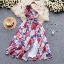 2024 Vestidos casuales Arco de verano Un hombro Vestido maxi de vacaciones Mujeres Irregular Oblicuo Sin mangas Red Rose Print Beach Boho Vestidos largos