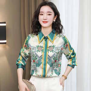 2023 Casual Gedrukt Runway Wit Shirt Zijde Satijn Dames Designer Herfst Winter Vintage Revers Blouses Office Dames Button Front Shirts Office Dames Formele Tops