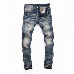 2023 Casual streetwear Black Slim Fit Distressed Jeans Men Herfst masculina letter jeans broek trendy dance club skinny s toursers mode bodems denim