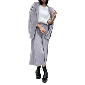 Miyake – ensemble 2 pièces pour femmes, chemise ample à manches longues et pantalon droit, Style décontracté, grande taille, 2023