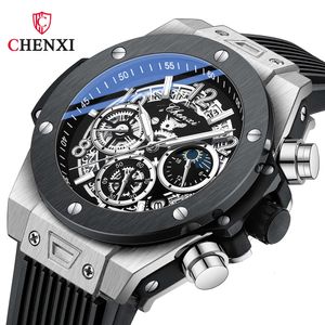 CHENXI – montre de sport militaire pour hommes, marque supérieure, bracelet en Silicone noir, étanche, chronomètre Phase de lune, 2023