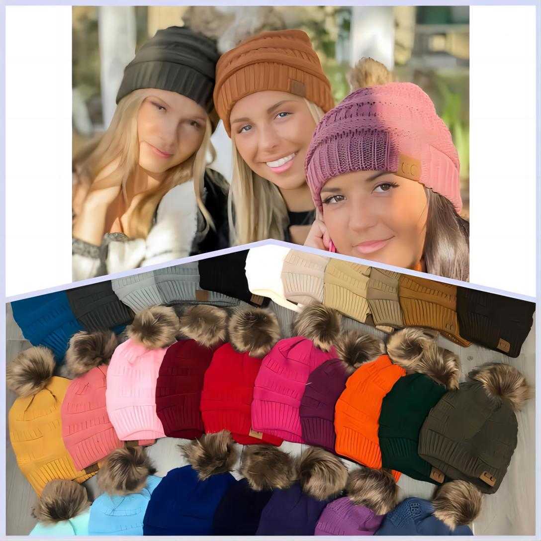 2023 Christmas CC adult winter warm hat women Cycling Helmetssoft stretch cable knitted pom beanie girl Skiing Christmas