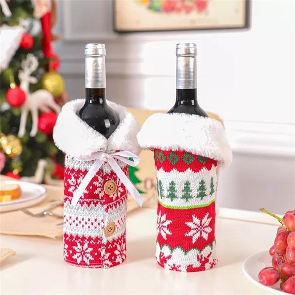 2023 Cubiertas de botella de vino de punto de Navidad Bottles Bottles Cover con cubierta de cerveza Bowknot Año Nuevo decoración del hogar FY3737