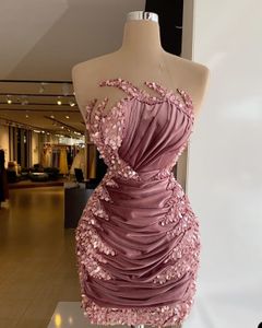 2023 Cocktail Dresses Sexy Arabic Sequined Lace Velvet Beaded Short Mini Sheath Evening Prom Party Dress Homecoming Gowns