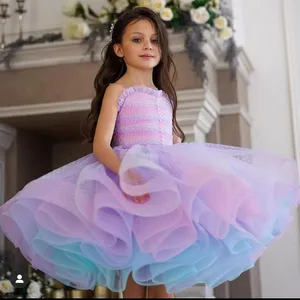 2023 kleurrijke baljurk bloemenmeisje jurken tule tiers knie lengte vintage kleine meisje peaatant jurken zj418