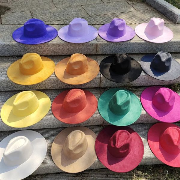 2023 Sombrero de fieltro de ala ancha de gamuza colorida para mujeres hombres Iglesia Jazz Cap Panamá Denim al por mayor 240219