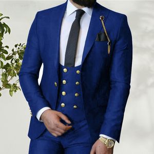 2023 Costume Homme Tuxedos Affaires Italiennes Slim Fit 3 Pièces Bleu Royal Costumes Pour Hommes Groom Prom Tuxedos Groomsmen Blazer Pour Mariage