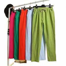 2023 Cott Lin Femmes Pantalon Printemps Eté Vert Sarouel Solide Taille Élastique Sarouel Pantalon Doux Haute Qualité Pantalon Femme S9Q5 #