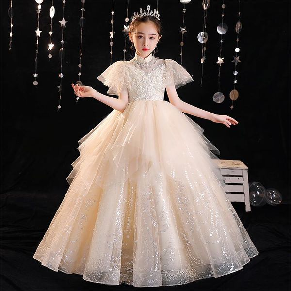 2023 Country Flower Girl Robes Bow Back Blanc Ivoire Robe De Bal Jewel Cap Manches Longueur De Plancher Filles Pageant Robe Cristal Dentelle Applique Robes Robe De Fête Tutu Jupe