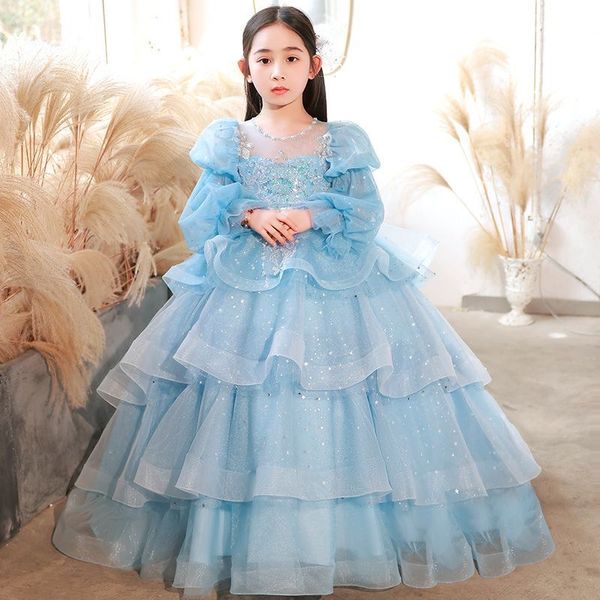 2023 Country Flower Girl Robes Bow Back Blanc Ivoire Robe de Bal Jewel Manches Longues Tutu Longueur de Plancher Filles Pageant Robe robe de bal Dentelle Applique Robes Party Tutu Jupe