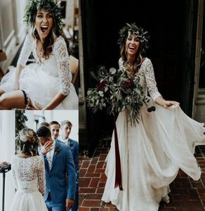 2023 Robes de mariée country robe nuptiale avec 3/4 manches longues en V couche en mousseline de lacet plus en mousseline de taille plus taille