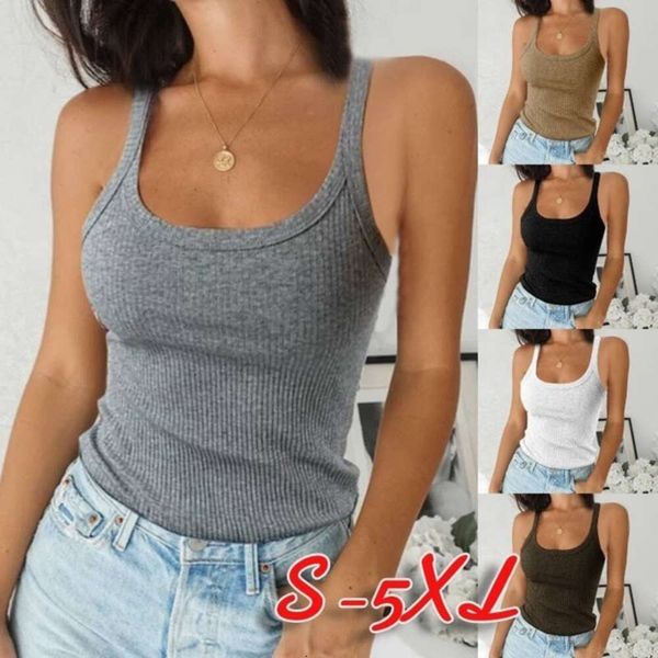 2023 Camiseta sin mangas versátil de color sólido de venta transfronteriza en Europa y América, base de cuello redondo sexy, top saliente, camiseta, ropa de mujer