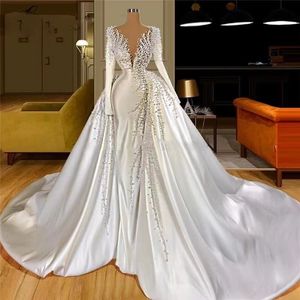 2023 Cristal De Luxe Sirène Robes De Mariée Robes De Mariée Balayage Train À Manches Longues Étincelle Rhinstone Dubaï Robes De Novia Personnalisé Plus La Taille Perlée Robes De Mariée