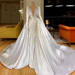 2023 Crystal Mermaid Trouwjurken Bruidsjurken Sweep trein lange mouw Sparkle Rhinstone Dubai Vestidos de novia aangepaste plus size kralen bruid jurken