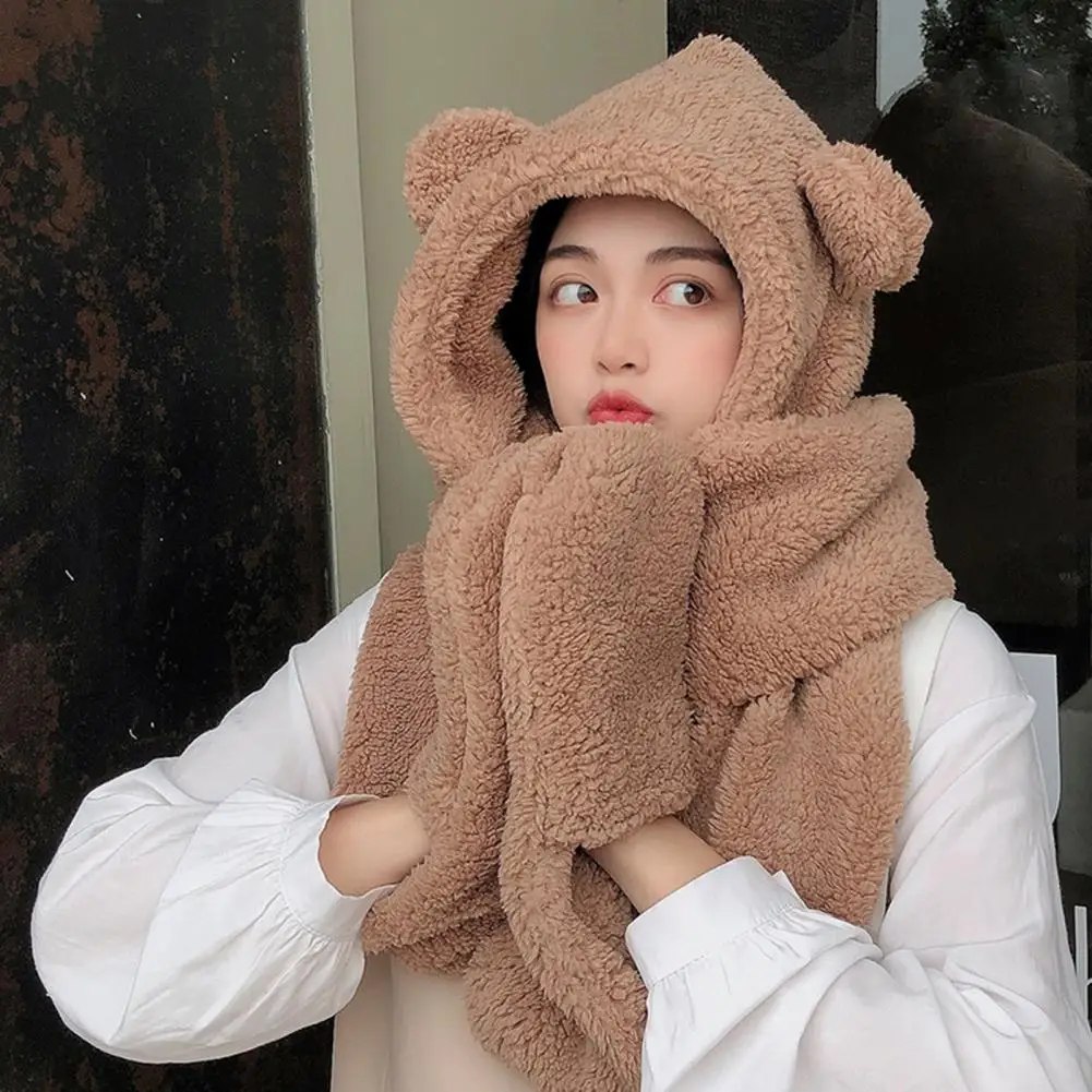 2023 Cute Bear Ear Hat Scarf Gloves Set Winter Women Beanies Caps Warm Casual Plush Hats Casual Solid Fleece Girl Kawaii Gloves