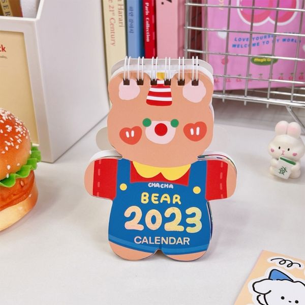 2023 Calendrier de bureau mignon Kawaii Bunny Bear Mini Bureau Calendrier Coil Double Dail