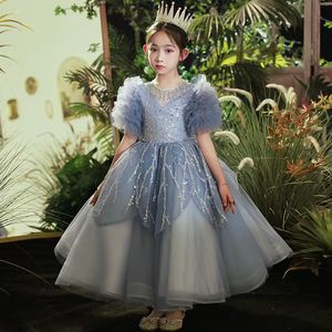 2023 mignon tutu robes de fille de fleur dentelle appliques cristal collier strass robe de bal enfants Pageant robe étage longueur paillettes filles robe de fête d'anniversaire