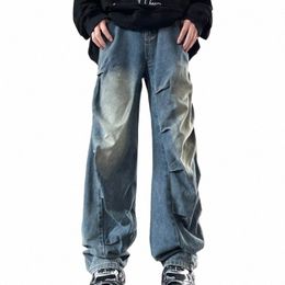 2023 Cyber ​​Y2K Fi Wed Blue Plisado Baggy Jeans Pantalones Hombres Ropa de diseñador Pantalones de mezclilla de pierna ancha recta Ropa Hombre V6zr #
