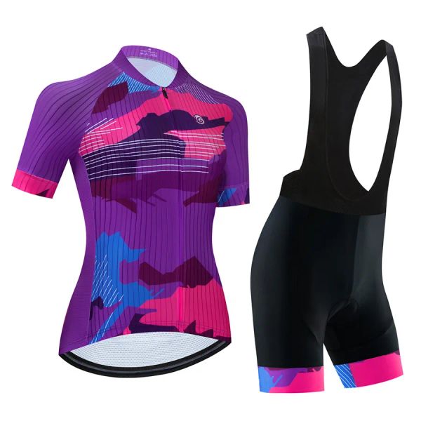 2023 Conjunto de ropa de ciclismo de verano para mujer, pantalones cortos con tirantes y camisetas de bicicleta de carretera