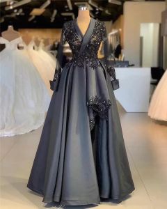 2023 donkergrijze kanten applique a-line prom-jurken vintage lange mouwen satijnen formele avondjurk Arabisch plus size feestje optochtenjurk bc2929