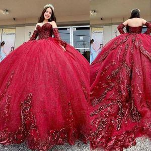 2023 Donkerrode Quinceanera Jurken Met Kant Pailletten Appliqué Uit De Schouder Baljurk Lange Mouwen Sweet 16 Verjaardagsfeestje Gala Formele Avondkleding vestidos 401