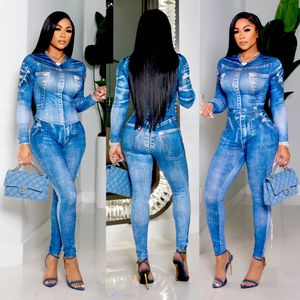 2023 Denim Blue Two Piece Sets Outfits Femmes Casual Top and Pant Set Slim Costumes Wear Free Ship